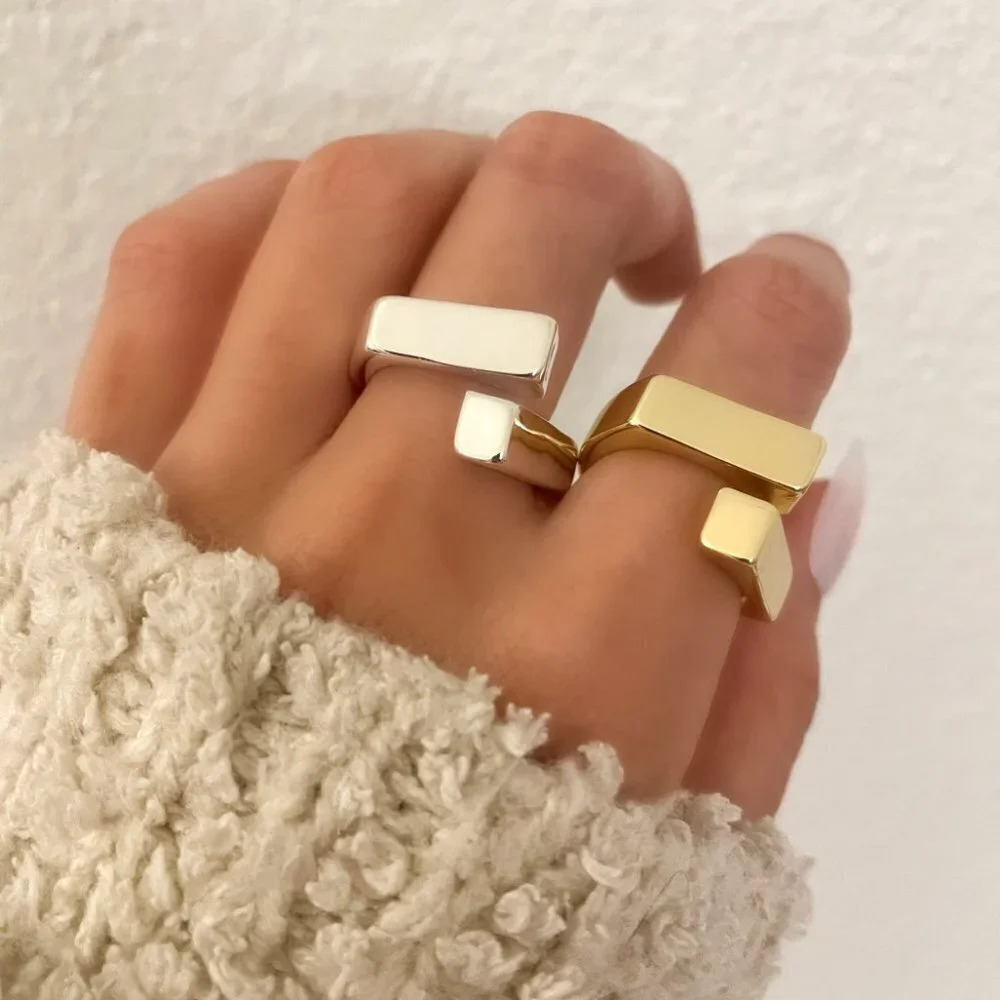 925 Sterling Silver Chunky Ring Thick Bold Double Bar Ring Geometric Ring Band
